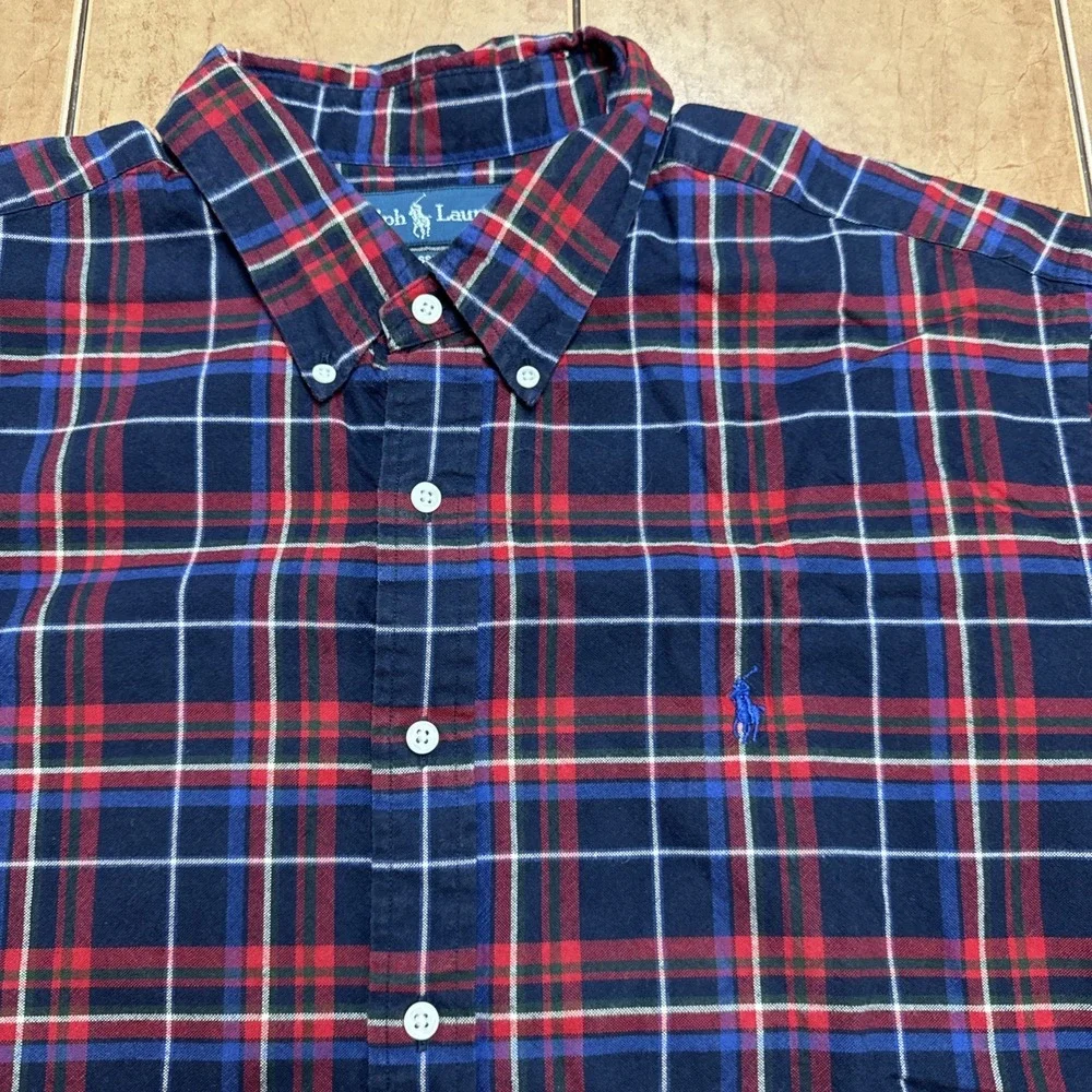 Polo Ralph Lauren Mens XXL Classic Fit Red Blue Plaid Cotton Flannel Button Down